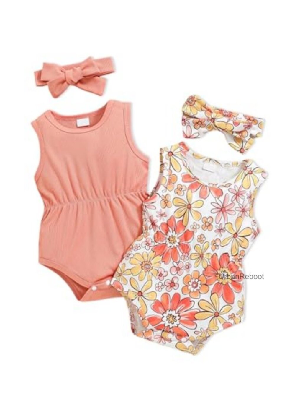Baby Girl Sleeveless Romper 4Pcs Set Snap Closure Cotton Blend Outfit